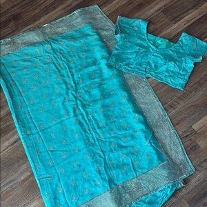 Elegant baby blue and silver saree set